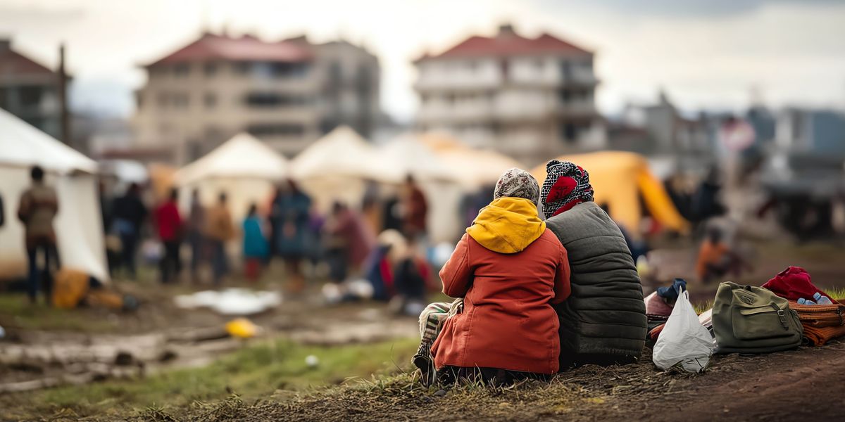 En un campo de refugiados, dos personas están sentadas en el suelo junto a unas pocas bolsas que contienen sus pertenencias. Miran las tiendas de campaña frente a ellos, donde hay más refugiados.