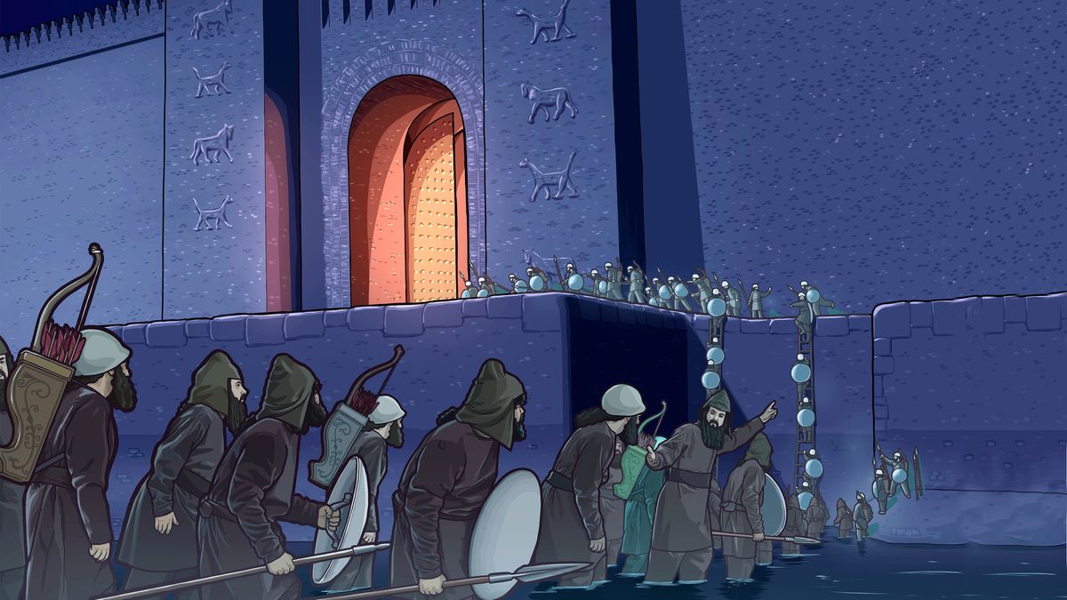 Unos soldados cruzan el río Éufrates, que lleva poca agua. Las puertas de Babilonia están abiertas, y los soldados entran en la ciudad.