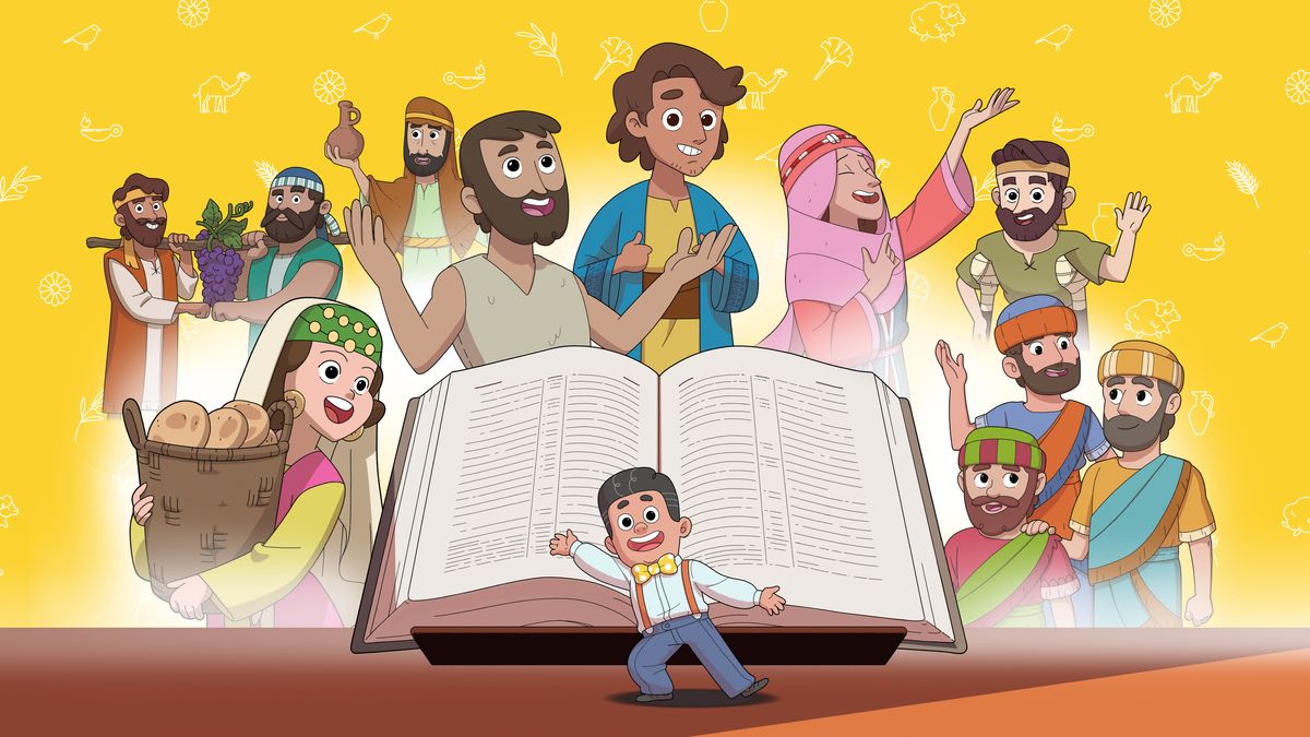 Imágenes de los personajes bíblicos de la serie de videos “Aprende de los amigos de Jehová”. En primer plano aparecen una Biblia grande y el presentador de la serie.