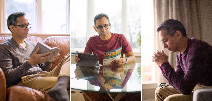 Un hermano lee la Biblia, estudia una publicación basada en la Biblia y ora