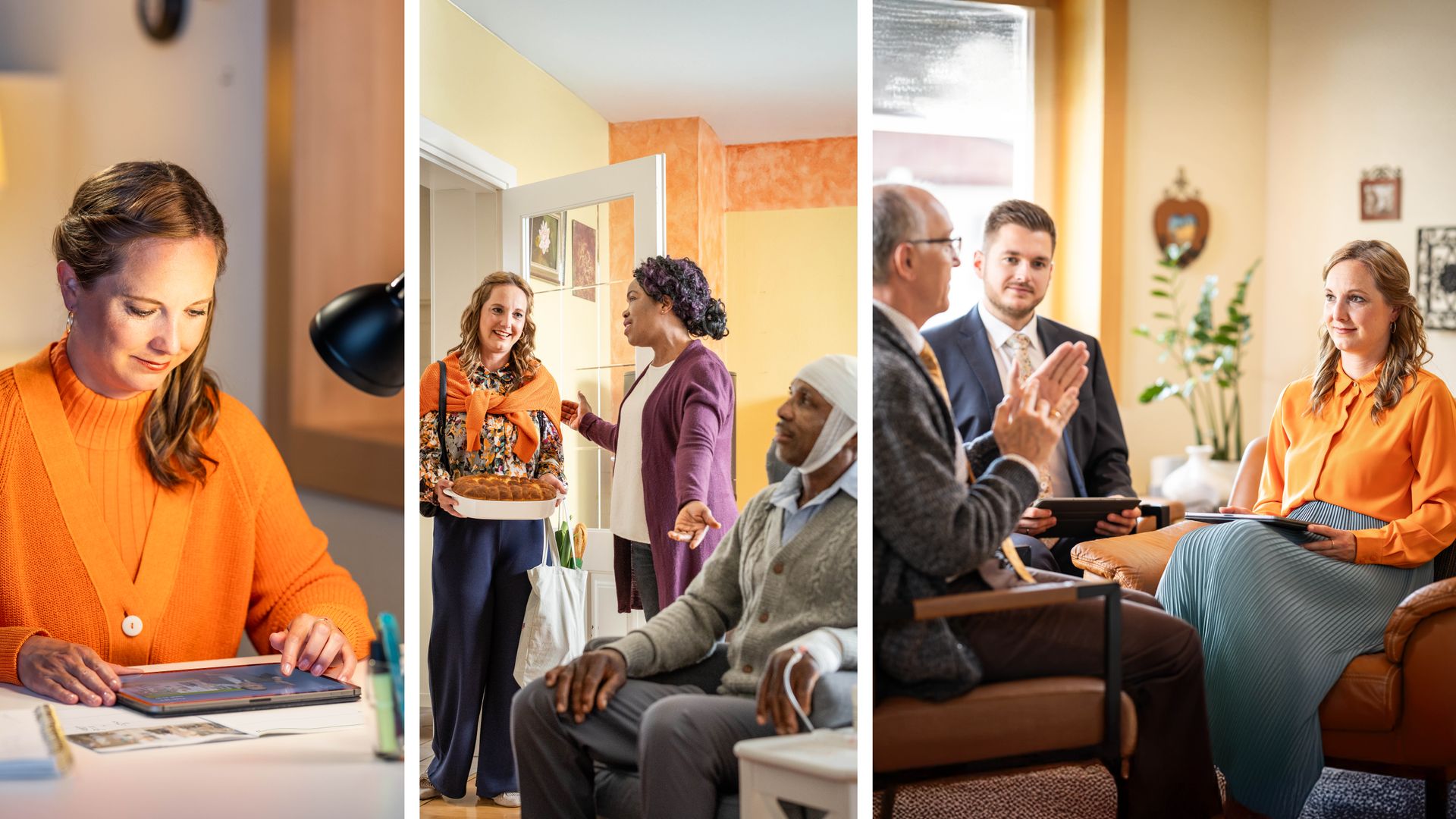 Imágenes: La hermana de la imagen anterior continúa satisfaciendo sus necesidades espirituales. 1. Estudia un artículo de “La Atalaya”. 2. Va a casa de un matrimonio a llevarles comida. El esposo está sentado en una butaca con la cabeza vendada y tiene en el brazo una vía intravenosa para recibir medicamentos. 3. Dos ancianos están haciéndole a la hermana una visita de pastoreo.