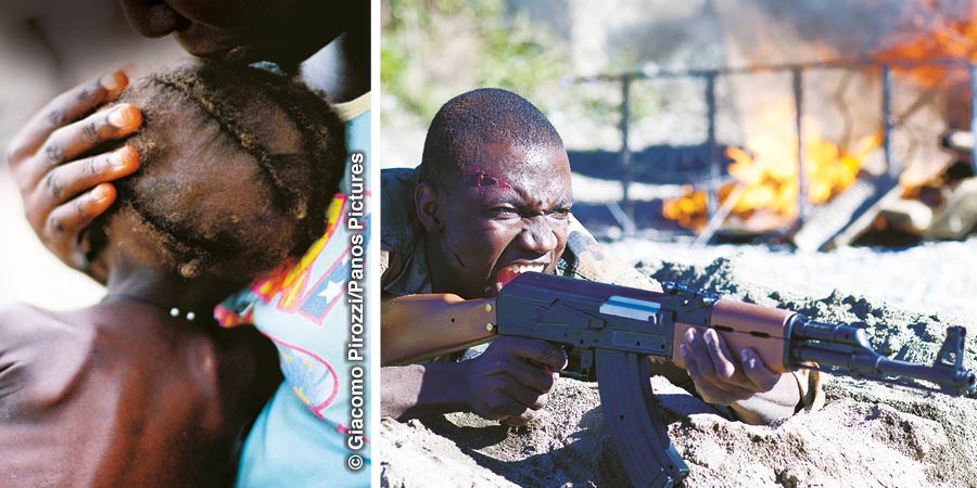 A starving child; a man engages in warfare