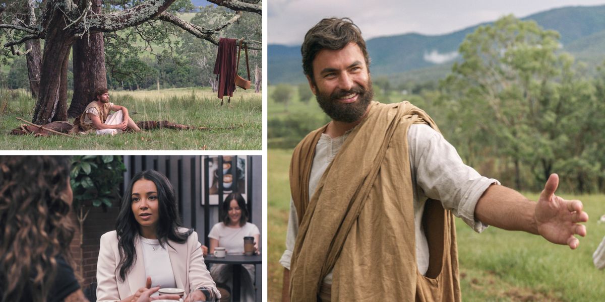 Collage: Things wey dey Saturday program. 1. John the Baptist sitdown under one tree. 2. Jesus de happy as e de stretch im hand to help person. 3. Two women de talk for one coffee shop.