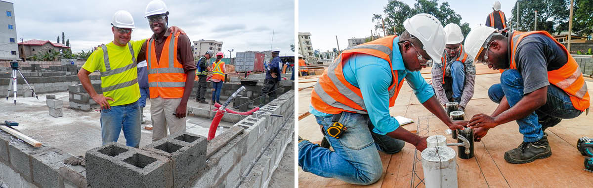 Photo collection: 1. Brothers pose for photo as them de lay cement blocks. 2. Three brothers de prepare where they go pour concrete.