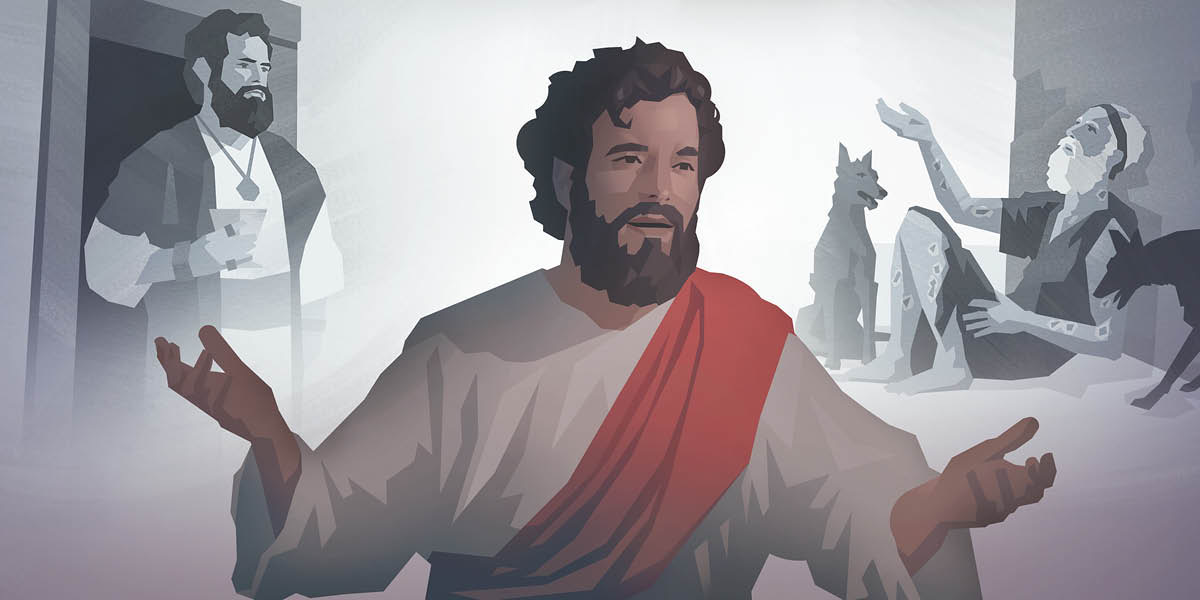 Jesus de talk the story of the rich man and Lazarus. The picture wey dey im back de show the rich man and Lazarus wey be beggar wey wound full e body.