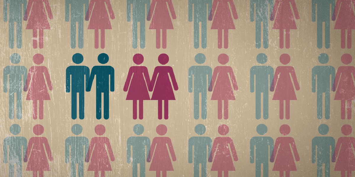 Drawing of two men and two women wey de hold each other