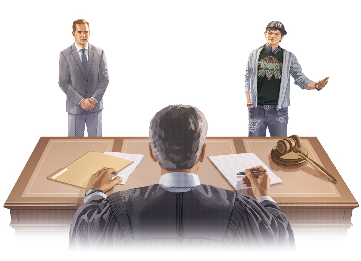 Two men de stand for front of one judge. One man wear suit, and the other man wear anyhow cloth and wear baseball cap for head.