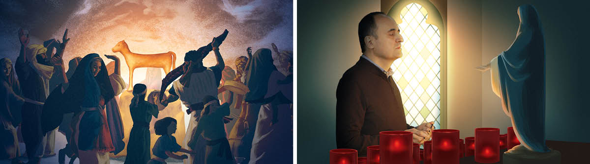 Picture: 1. One man de pray for front of plates of food and one idol of one god. 2. One man de pray with rosary for front of the idol of virgin Mary.