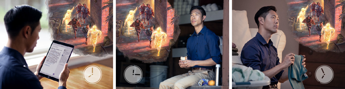 Photo collection: One brother wey de think about wetin e read for the “Learn From Bible Everyday.” E think about-am for morning, for afternoon and for evening. 1. As e de read, e use e mind imagine how the angels hold Lot and e family and take them comot from Sodom. 2. When e de chop for break time, e continue to think about wetin e read that morning. 3. When e dey house for evening, e continue to think about wetin e read as e de arrange e cloth.