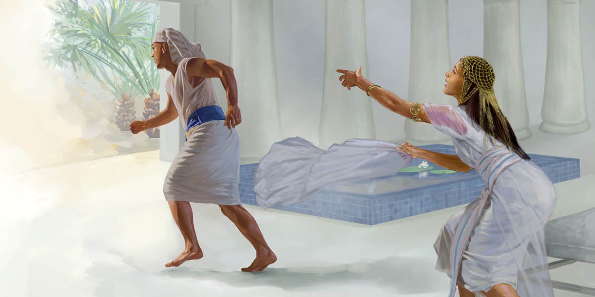 Joseph de run from Potiphar wife and e hold Joseph cloth for hand.