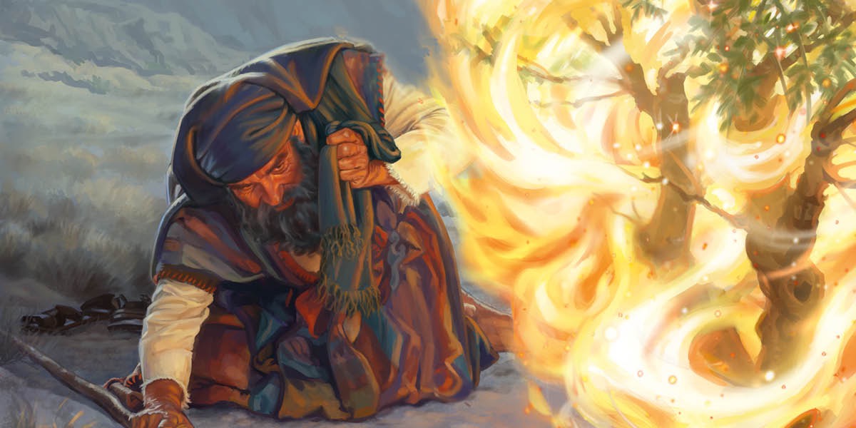 Moses kneel down for ground and de cover e face from the fire.