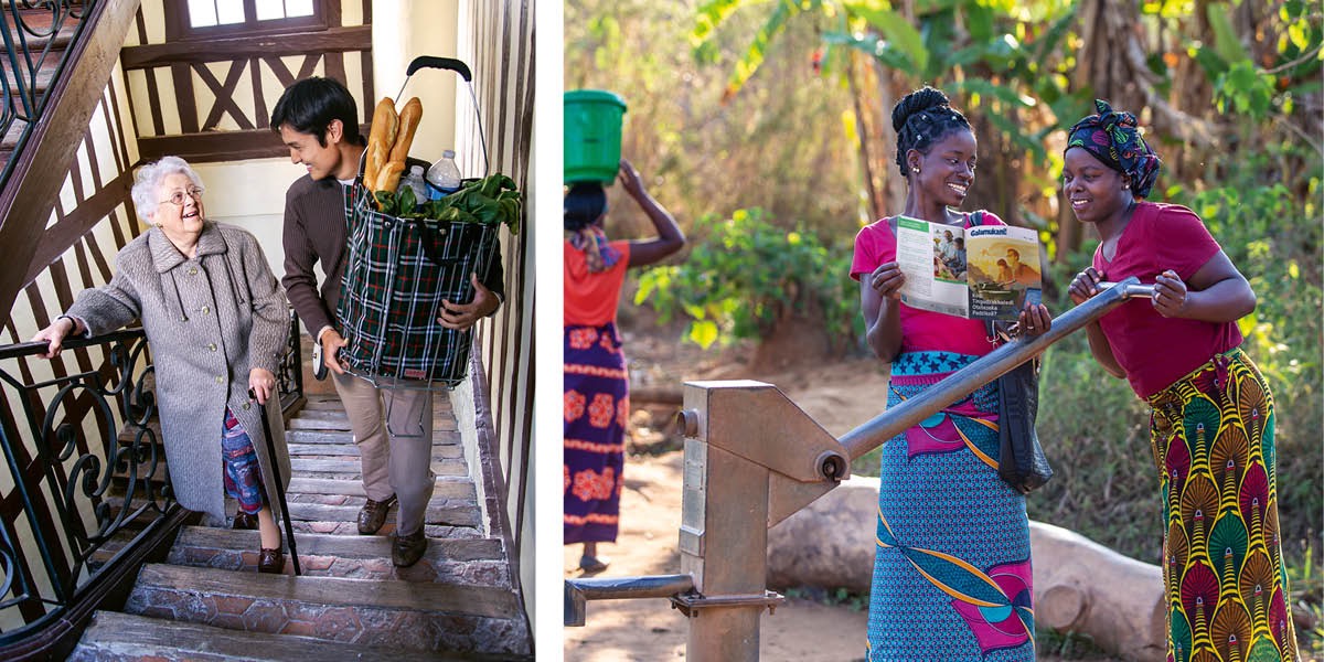 Photo collection: 1. One young brother help one old mama carry e food stuff go e room for upstair. 2. One sister de preach to one woman wey de fetch water.