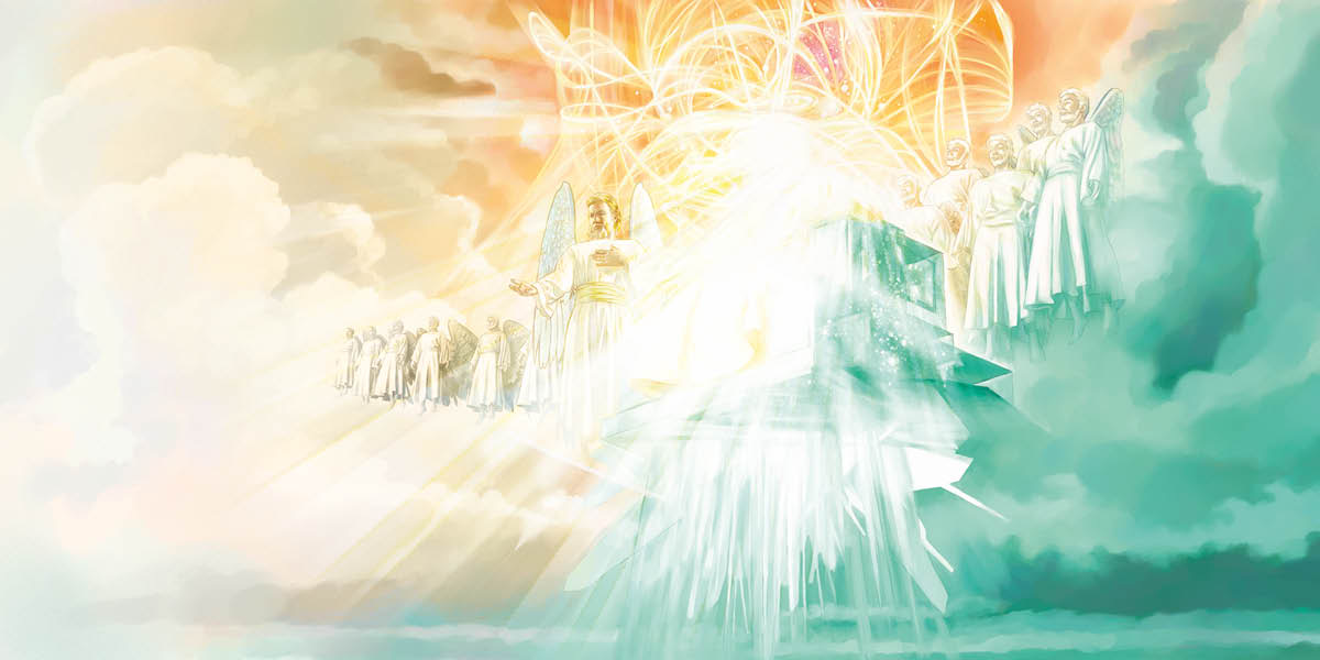 This picture de show the throne wey Jehovah dey as plenty angels surround-am. Bright light just de shine round the throne.