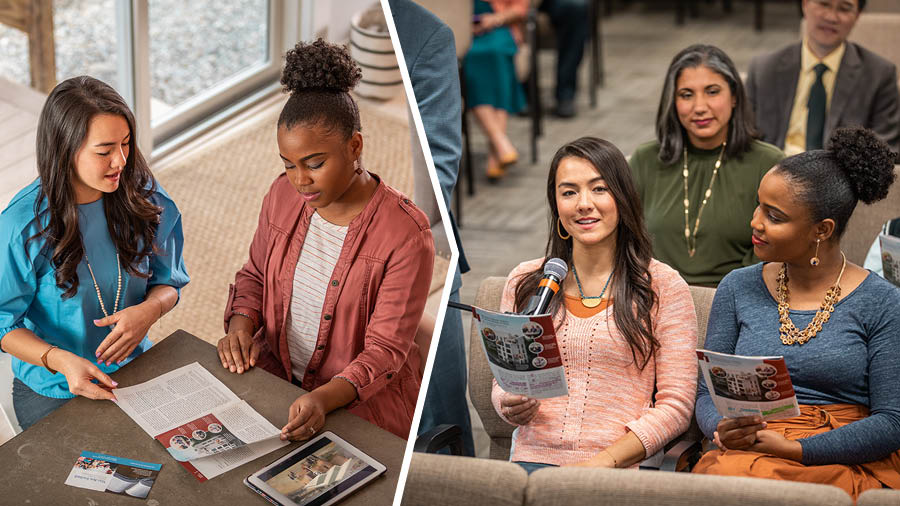 Picture: 1. The sister de use ‘Watchtower,’ video, and our meeting invitation to explain to the student how we de do our meeting. 2. The sister de answer question for ‘Watchtower’ Study. E student sitdown near-am and de sofri look-am.