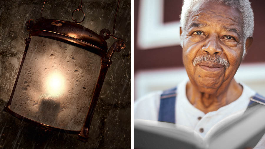 Picture: 1. Fire wey dey inside lamp for place wey wind de blow and rain de fall. 2. One old brother hold Bible for hand and e open-am.