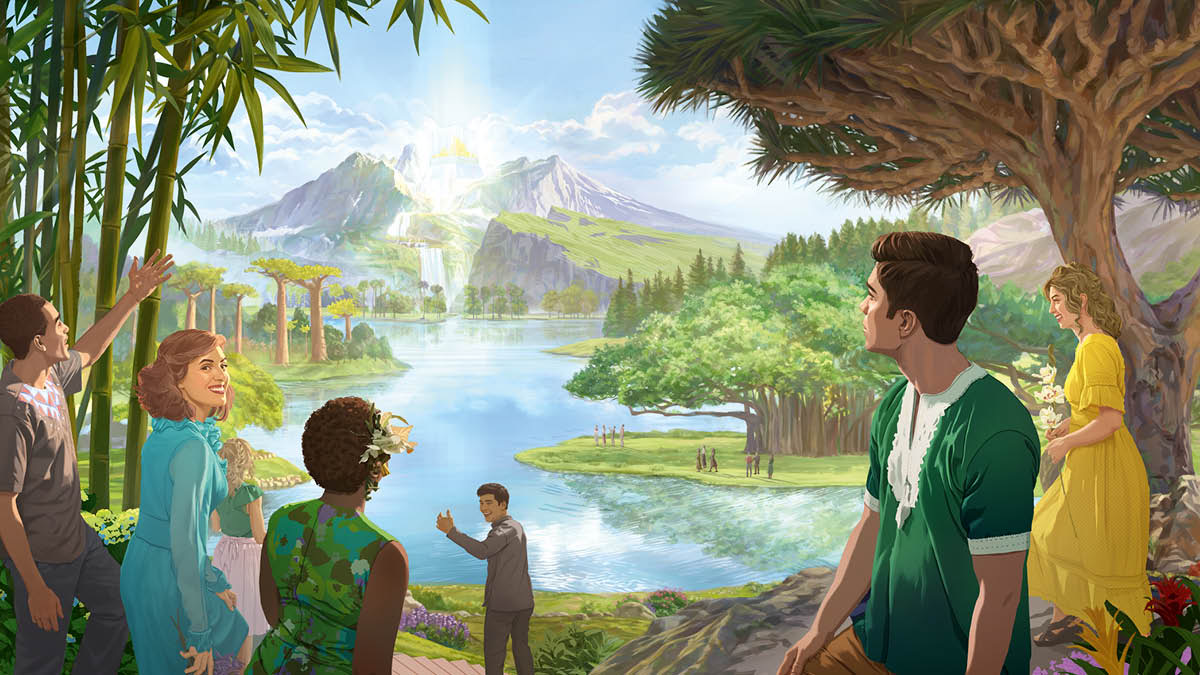 People wey de enjoy life for paradise for this earth. From far, one river de flow from the city wey be New Jerusalem. Trees wey de grow well dey the two sides of the river.