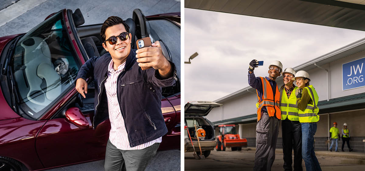 Picture: 1. John stand near e sports car de take picture of e self. 2. Tom de take picture of e self together with some friends as them de work for one Assembly Hall.