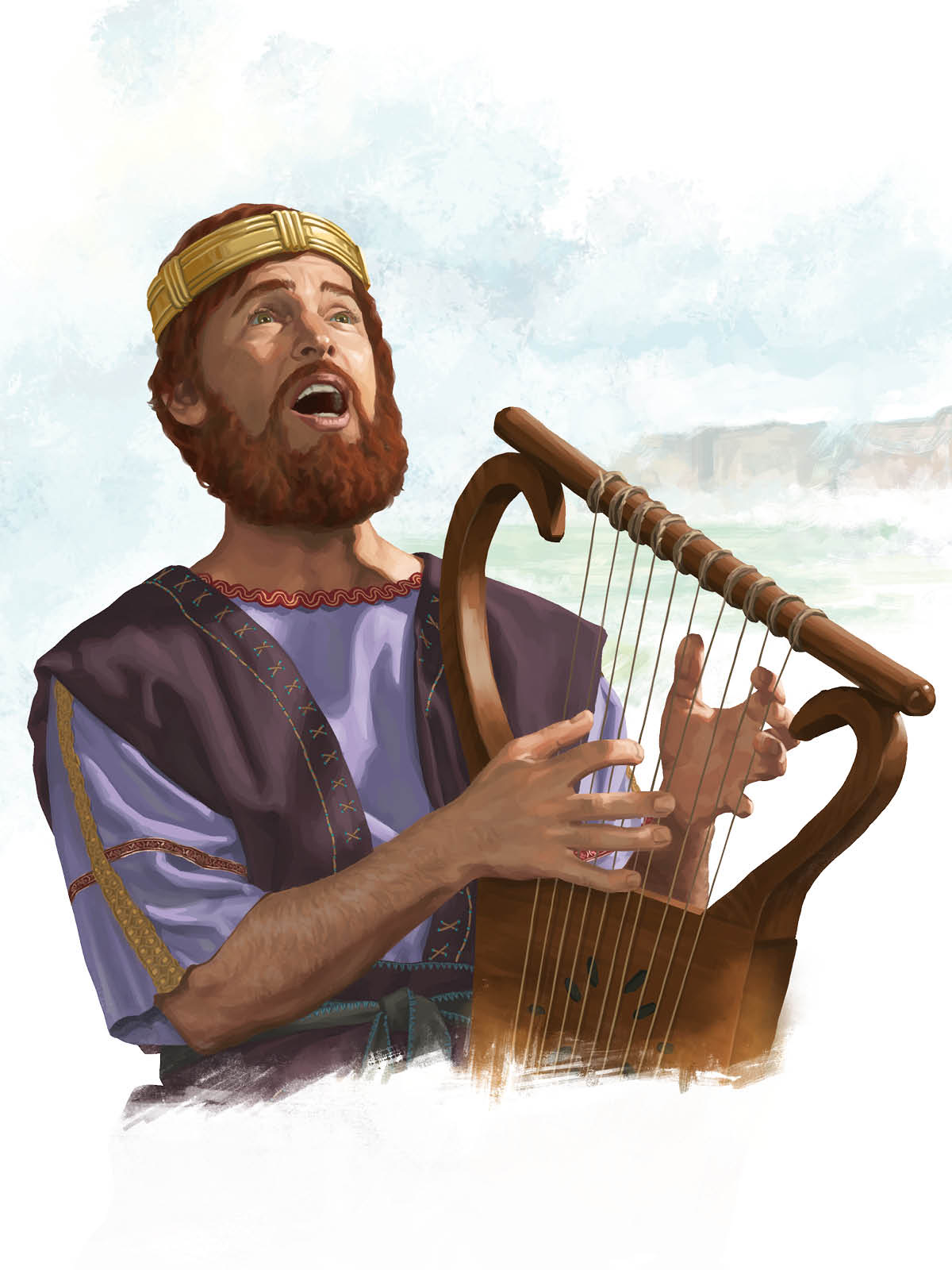 King David de sing as e de play harp.