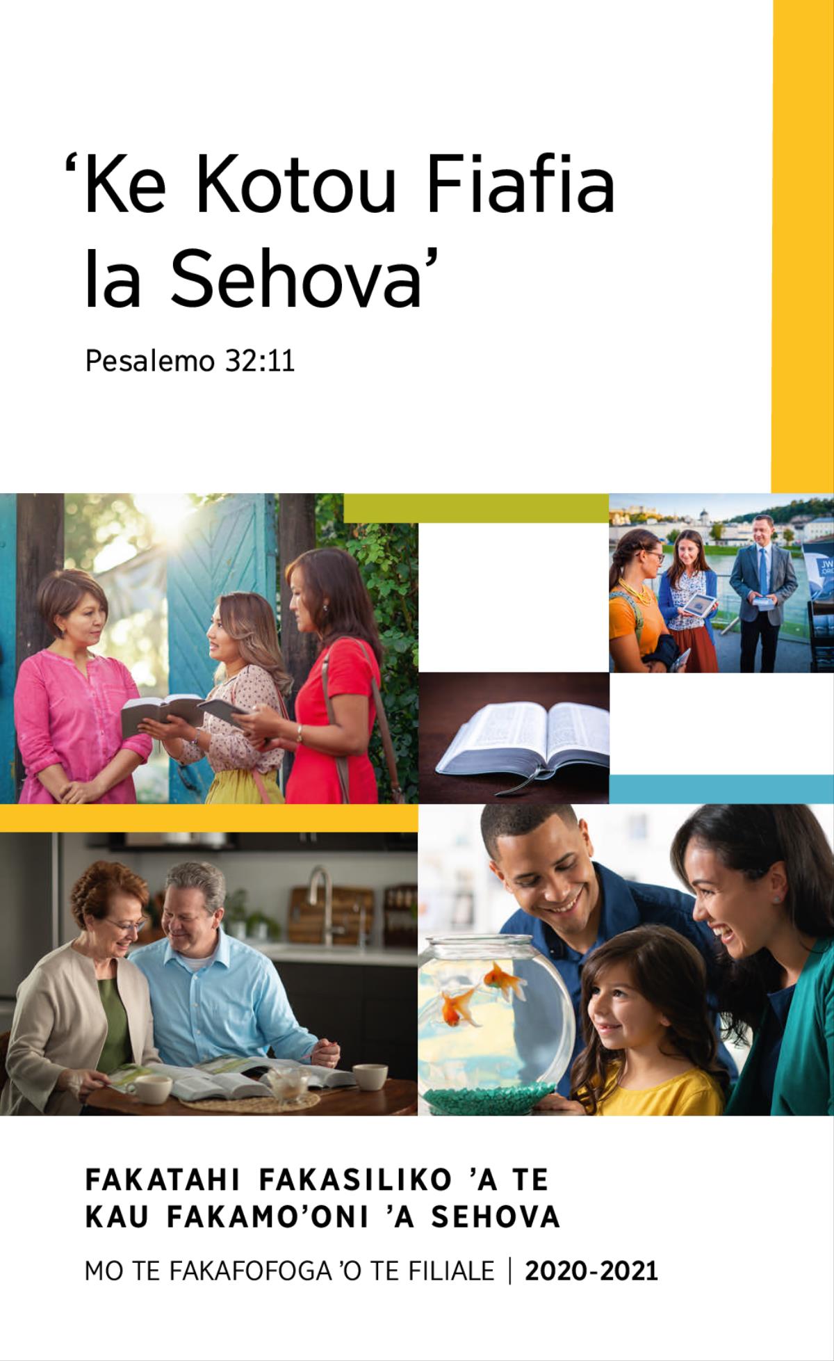 Collage: 1. Ko he kiʼi famili ʼe natou sioʼi he ʼu kiʼi ika kula. 2. Ko he ʼu Fakamoʼoni ʼa Sehova e nā lau he vaega Tohi-Tapu ki he fafine ʼi tona muʼa ʼapi. 3. Ko he taumatuʼa e nā ako ia te Tohi-Tapu. 4. Ko te Tohi-Tapu. 5. Ko he taumatuʼa e nā fakaha ia he ʼata viteo ki he fafine ʼi te ala.