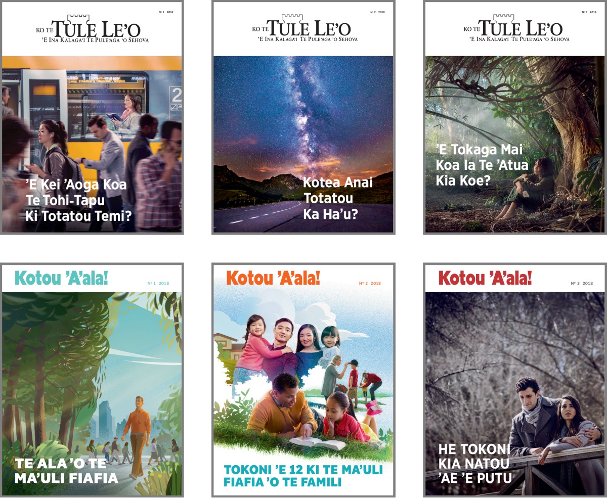 Pāki: Te ʼu kupu tafito ʼo ‘Te Tule Leʼo’ mo te ‘Kotou ʼAʼala!’ ʼo te taʼu 2018. 1. ‘ ʼE Kei ʼAoga Koa Te Tohi-Tapu Ki Totatou Temi?’ 2. ‘Kotea Anai Totatou Ka Haʼu?’ 3. ‘ ʼE Tokaga Mai Koa Ia Te ʼAtua Kia Koe?’ 4. ‘Te Ala ʼo Te Maʼuli Fiafia.’ 5. ‘Tokoni ʼe 12 Ki Te Maʼuli Fiafia ʼo Te Famili.’ 6. ‘He Tokoni Kia Natou ʼAe ʼe Putu.’