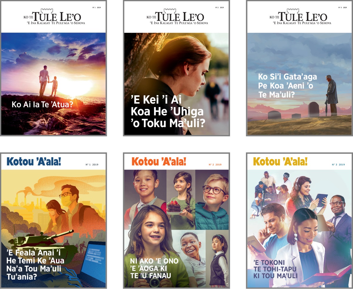 Pāki: Te ʼu kupu tafito ʼo ‘Te Tule Leʼo’ mo te ‘Kotou ʼAʼala!’ ʼo te taʼu 2019. 1. ‘Ko Ai Ia Te ʼAtua?’ 2. ‘ ʼE Kei ʼi Ai Koa He ʼUhiga ʼo Toku Maʼuli?’ 3. ‘Ko Siʼi Gataʼaga Pe Koa ʼAeni ʼo Te Maʼuli?’ 4. ‘ ʼE Feala Anai ʼi He Temi Ke ʼAua Naʼa Tou Maʼuli Tuʼania?’ 5. ‘Ni Ako ʼe Ono ʼe ʼAoga Ki Te ʼu Fanau.’ 6. ‘ ʼE Tokoni Te Tohi-Tapu Ki Tou Maʼuli.’