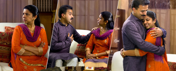 1. A wife is upset with her husband; 2. The husband talks to her and asks for forgiveness; 3. The wife forgives her husband