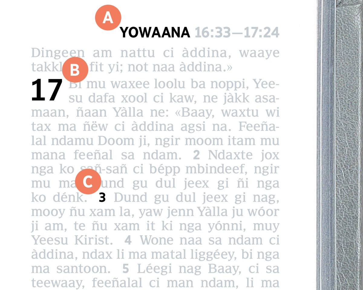 Li araf A, B ak C di tekki ci Biibël bi.