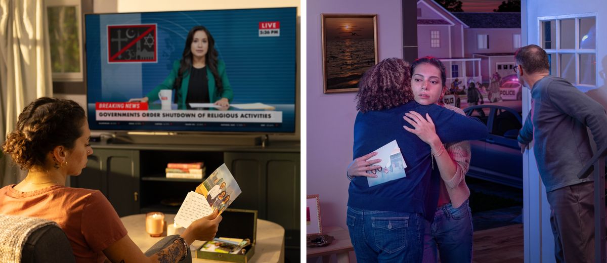 Ensemble d’illustrations : 1) Une jeune femme regarde les informations à la télévision et y apprend que les activités religieuses sont désormais interdites. Elle tient une photo dans sa main et repense à la vie qu’elle avait quand elle servait Jéhovah avec ses parents. 2) Plus tard, elle se rend chez ses parents, qui l’accueillent chaleureusement. Dans la rue, devant chez eux, il y a des émeutes.