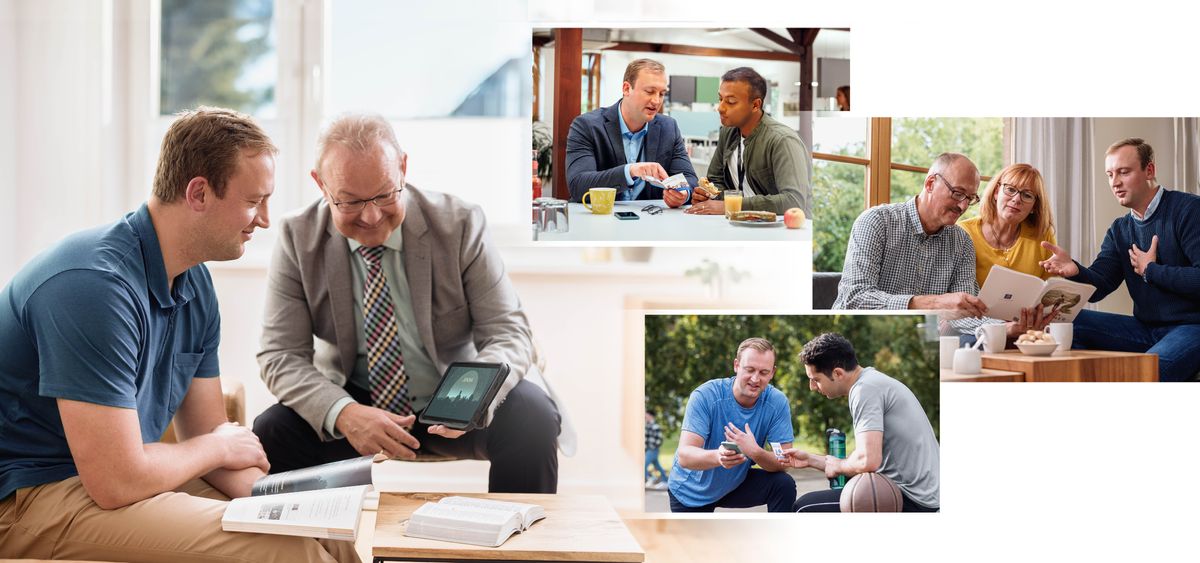 Un frère donne un cours biblique à un homme en se servant du livre « Vivez pour toujours ! » Ensemble d’illustrations : Cet homme communique ce qu’il apprend à d’autres. Il parle 1) à un collègue de travail, 2) à des membres de sa famille et 3) à un ami.