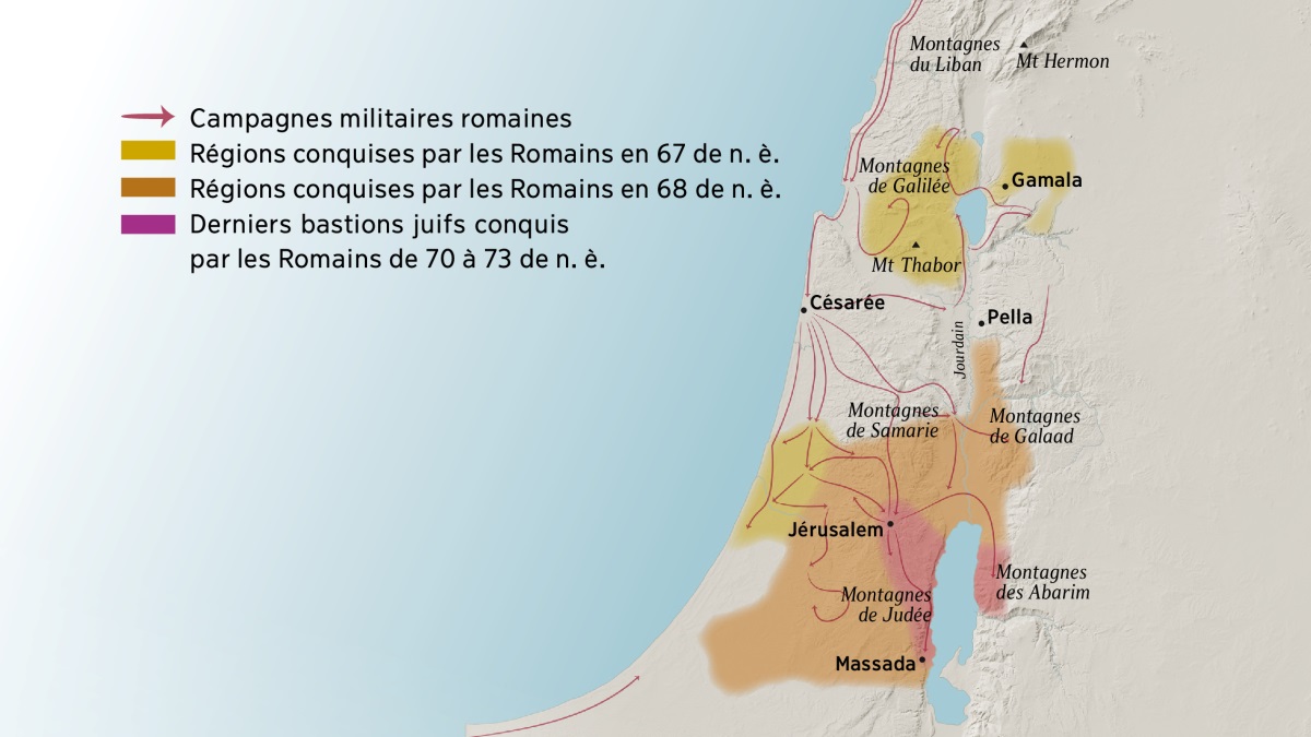 Carte sur laquelle sont indiquées certaines montagnes et certaines villes d’Israël au 1er siècle. Au nord de Jérusalem se trouvent les montagnes du Liban, de Galilée, de Samarie et de Galaad, ainsi que le mont Hermon et le mont Thabor. On y trouve aussi les villes de Gamala, de Césarée et de Pella. Au sud de Jérusalem se trouvent les montagnes de Judée et des Abarim, ainsi que la ville de Massada. Sur la carte sont également indiqués les chemins que les Romains ont empruntés lors de leurs campagnes militaires et les régions qu’ils ont conquises entre 67 et 73 de n. è.