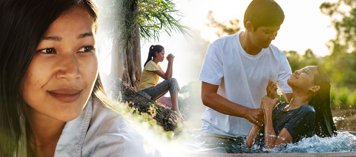 Ensemble d’illustrations : Une sœur repense au jour où elle s’est vouée à Jéhovah et s’est fait baptiser. 1) Elle est assise dehors et prie. 2) Elle se fait baptiser dans une rivière.