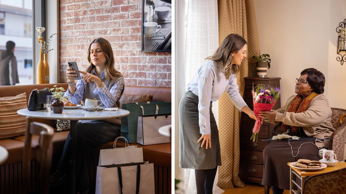 Ensemble d’illustrations : 1) Une sœur est assise, seule, dans un salon de thé ; elle consulte des sites Internet sur son téléphone. Elle a fait du shopping et il y a de nombreux sacs autour d’elle. 2) Elle éprouve de la joie à rendre visite à une sœur âgée et à lui apporter un bouquet de fleurs.