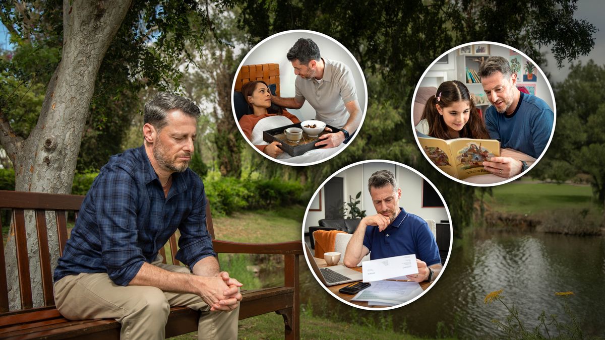 Ensemble d’illustrations : Un frère est assis sur un banc à l’extérieur ; confiant en Jéhovah, il prie au sujet de trois grandes préoccupations qu’il a. Dans un premier médaillon, on le voit apporter un repas à sa femme, qui est alitée. Dans un deuxième médaillon, on le voit donner un cours biblique à sa fille, qui est toute heureuse. Dans un troisième médaillon, on le voit examiner ses comptes.