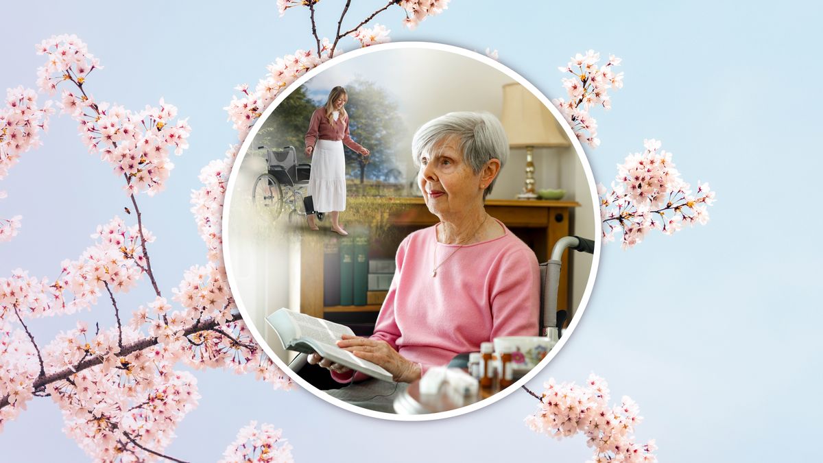 Une sœur âgée qui est dans un fauteuil roulant lit la Bible. Elle s’imagine dans le paradis, jeune, se lever de son fauteuil et marcher