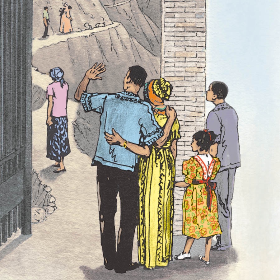 Intsapho imi esangweni elimxinwa ijonge abantu abahamba kwindlela encinci