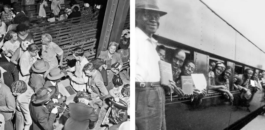 1) Distributing copies of The New World Translation of the Christian Greek Scriptures in 1950; 2) People in Ghana showing their copy of The New World Translation of the Christian Greek Scriptures