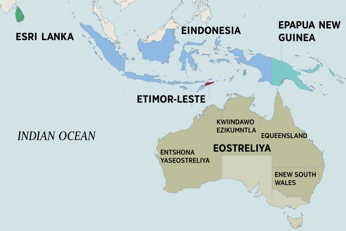 Imaphu yaseOstreliya namazwe akufutshane nayo, kuquka iSri Lanka, i-Indonesia, iPapua New Guinea, neTimor-Leste. Imaphu yaseOstreliya ibonisa iindawo ezikuMntla neendawo ezikwiNtshona yeOstreliya, iQueensland, neNew South Wales.