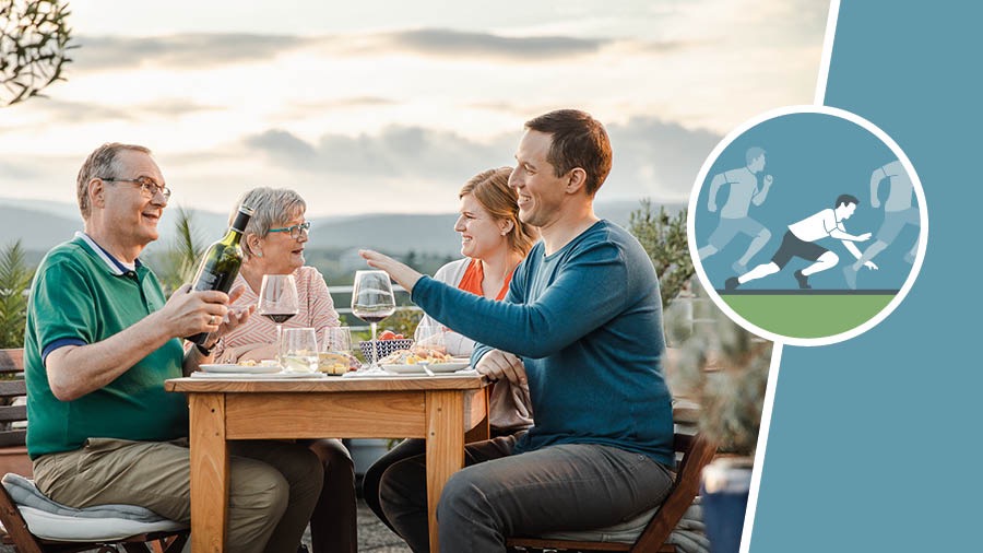 Umzalwana osele ekhulile ufuna ukugalelela umzalwana osemtsha enye iglasi yewayini. Lo mzalwana usemtsha akavumi. Ecaleni kwabo kukho umfanekiso wembaleki ekhubekayo.