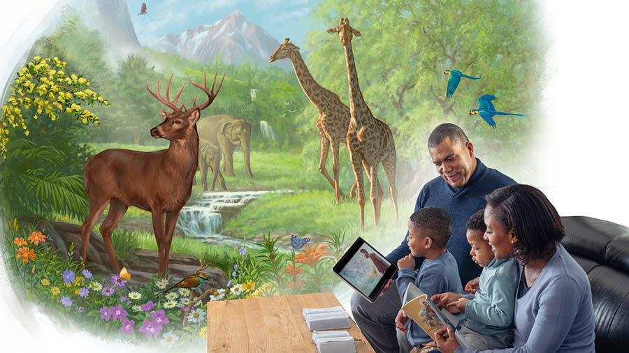 Abazali bafundisa oonyana babo ababini. Babonisa omnye ividiyo ethetha ngokusifela kukaYesu, omnye bambonisa incwadi ethi “Indifundisa Ntoni IBhayibhile?” Intsapho izibona iseParadesi kunye nezilwanyana ezahlukeneyo.