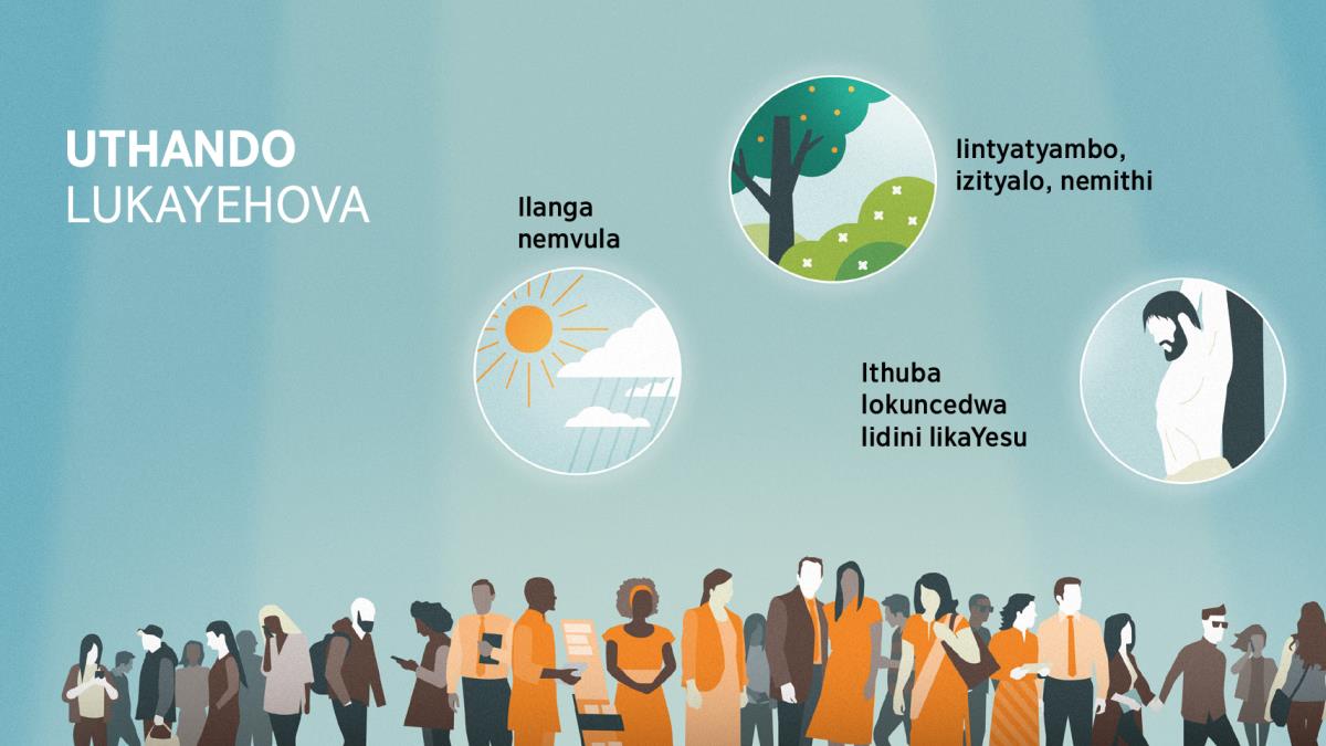 Abantu beentlanga ezahlukeneyo, abancinci nabadala. Umfanekiso: Izinto ezibonisa indlela asithanda ngayo uYehova. 1. Ilanga nemvula. 2. Iiflawa, izityalo nemithi. 3. Ithuba lokuncedwa kukusifela kukaYesu.