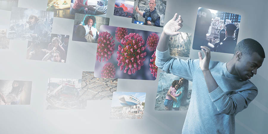 Indoda engafuni ukuzijonga iindaba ezimenza abe nexhala. Ijikelezwe yimifanekiso yeemfazwe, ukugula, indlala, iitoyi-toyi nezinye izinto ezimenza angonwabi.