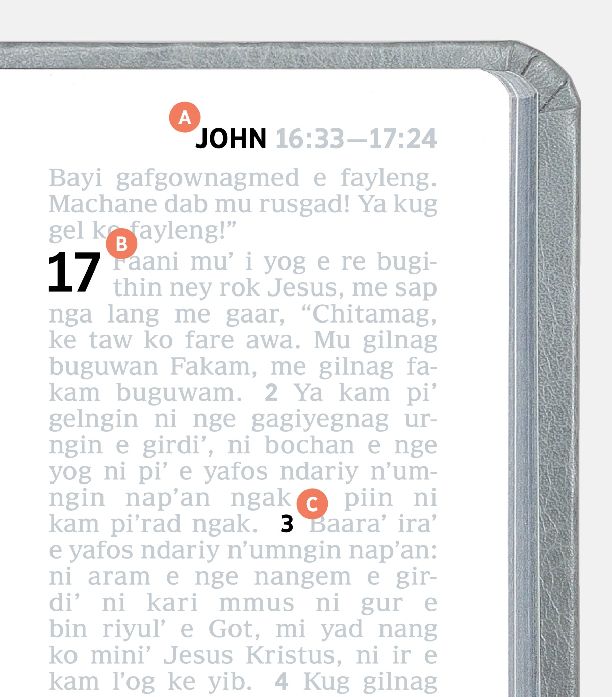 Gin bay e A, B, nge C riy u reb e page ko Bible.