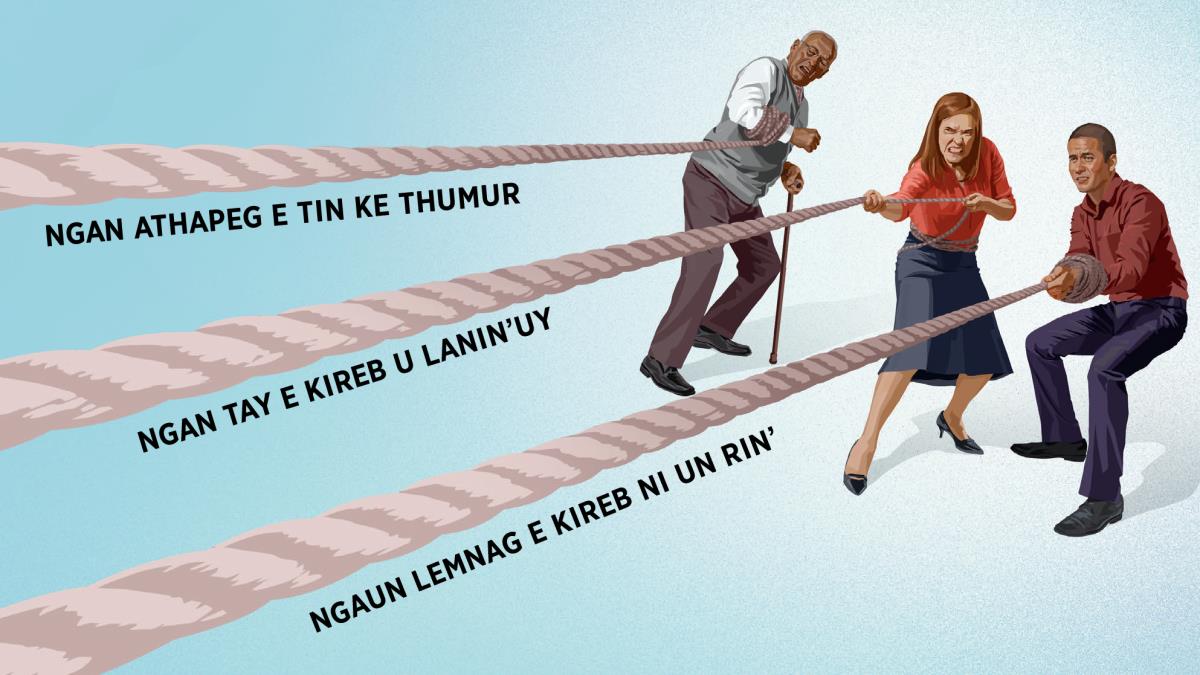 Reb e walag ni pumoon ni ke pilibthir, nge reb e walag nib pin, nge reb e walag ni kab pagel e ra bagayad ma bay ba yal’ i gaf ni be tel. Yu yal’ i gaf nem e bay fapi thin riy ni ‘ngan athapeg e tin ke thumur,’ nge ‘ngan tay e kireb u lanin’uy,’ nge ‘ngaun lemnag e kireb ni un rin’.’