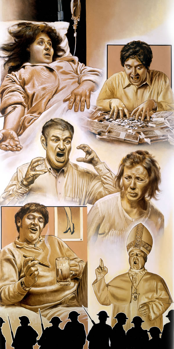 Àwòrán ọjọ́ ìkẹyìn: ẹnì kan tó wà nílé ìwòsàn tó ní ààrùn, àwọn tó nífẹ̀ẹ́ owó àti fàájì, ìdílé kan tó ní ìṣòro, àwọn sójà tó wà lójú ogun