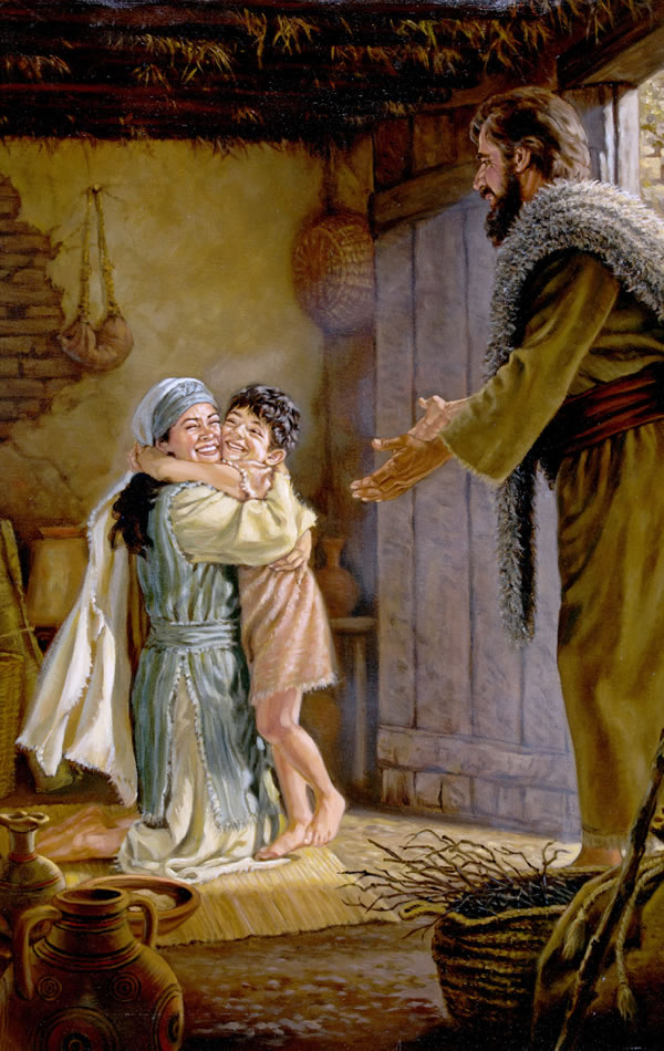 Inú opó kan ń dùn bó ṣe gbá ọmọkùnrin ẹ̀ mọ́ra lẹ́yìn tó jíǹde, wòlíì Èlíjà sì ń wò wọ́n.