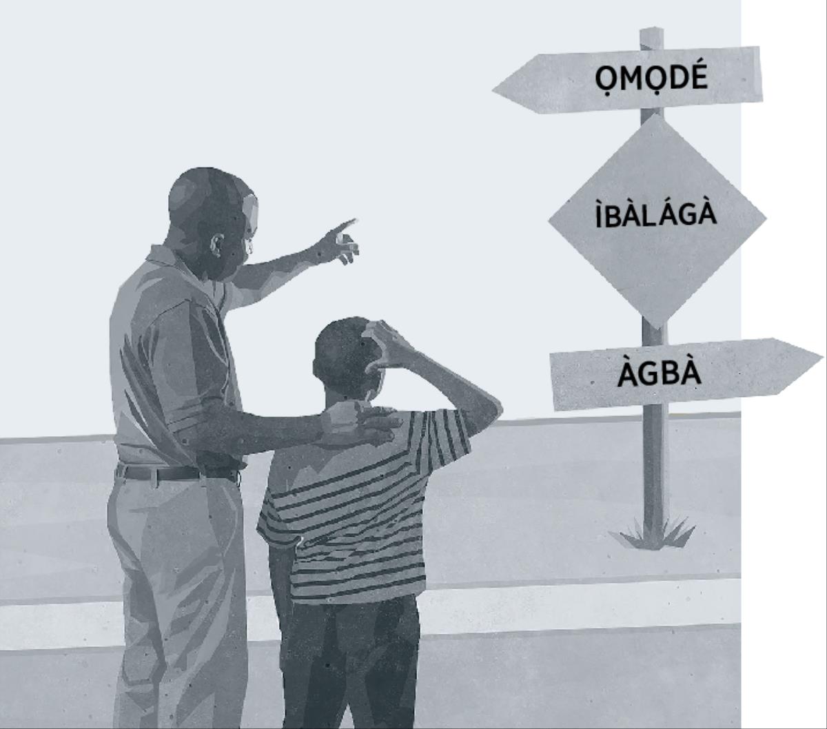 Bàbá kan àti ọmọ rẹ̀ ń wo àmì tó sọ̀rọ̀ nípa bí ọmọ ṣe ń bọ́ sí ipò àgbà