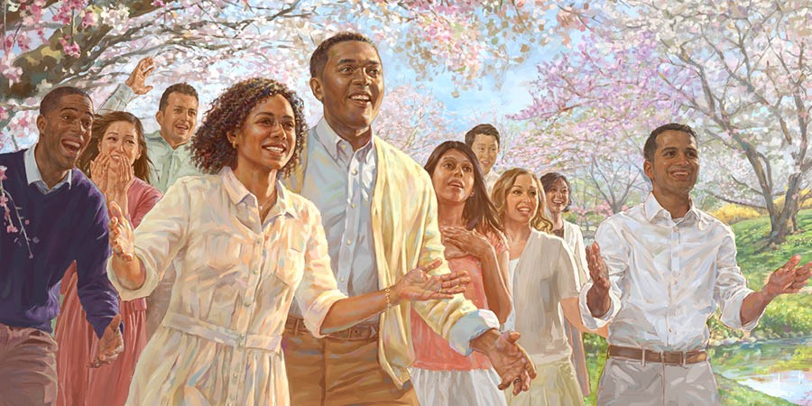 Àwọn èèyàn wà nínú Párádísè, wọ́n ń kí àwọn èèyàn wọn tó jíǹde káàbọ̀