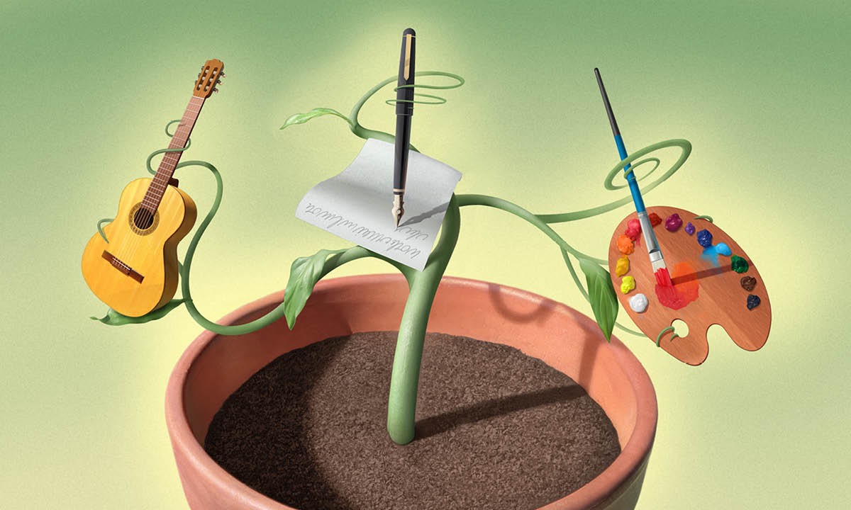 Ewéko tó dà bíi pé guitar, gègé àti bébà, àti irinṣẹ́ ayàwòrán ń hù jáde lára rẹ̀