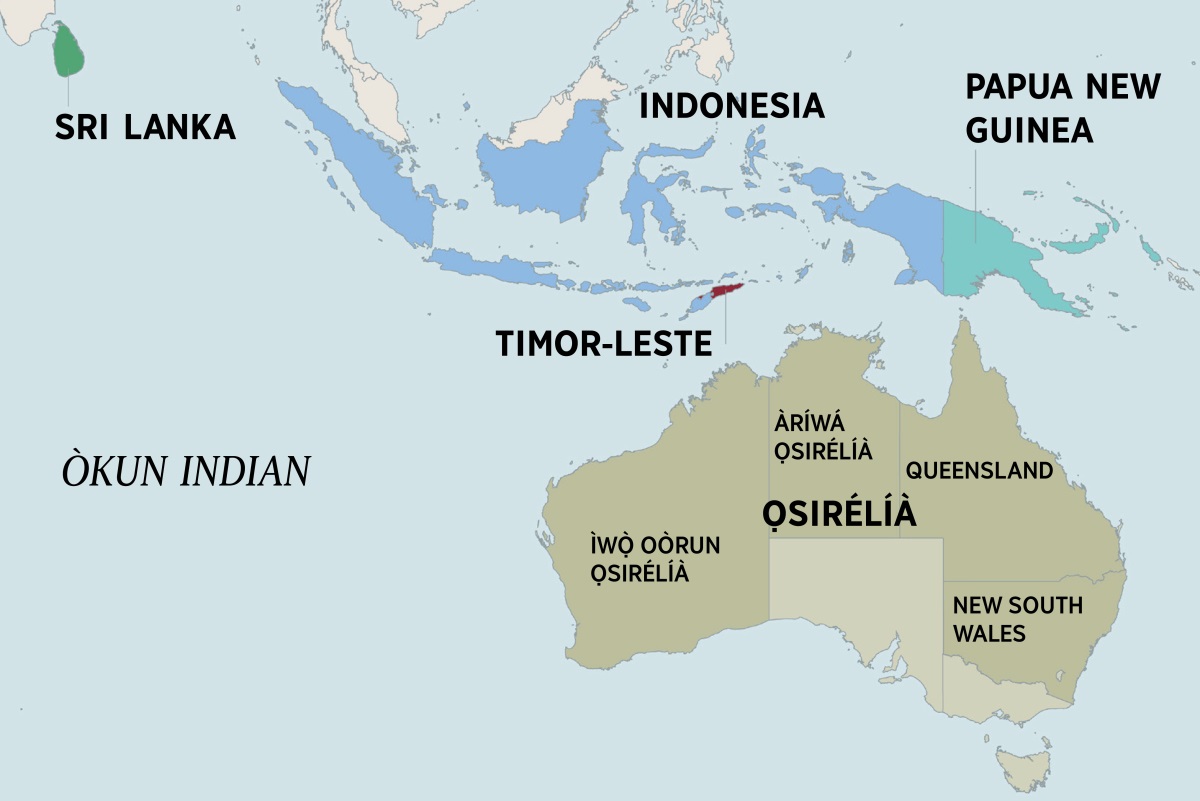 Máàpù orílẹ̀-èdè Ọsirélíà àtàwọn míì tó yí i ká, irú bíi Sri Lanka, Indonesia, Papua New Guinea, àti Timor-Leste. Lórí máàpù Ọsirélíà, a máa rí àwọn ìlú tó wà ní àríwá àti ìwọ̀ oòrùn orílẹ̀-èdè náà àti ìlú Queensland àti New South Wales.