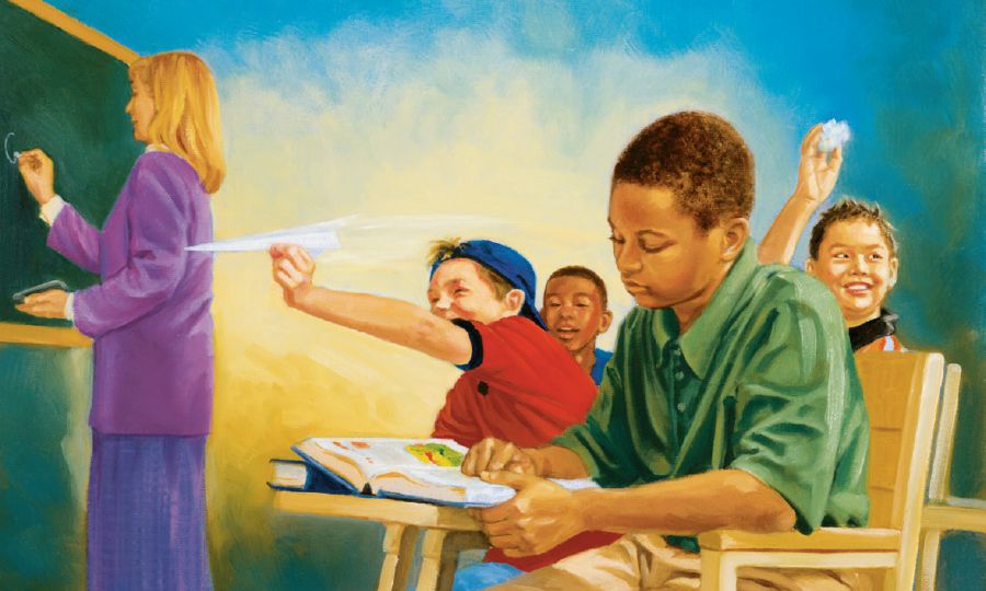 Ọmọkùnrin kan ń ka ìwé nígbà tí àwọn ọmọ ilé ìwé rẹ̀ ń fa ìjàngbọ̀n